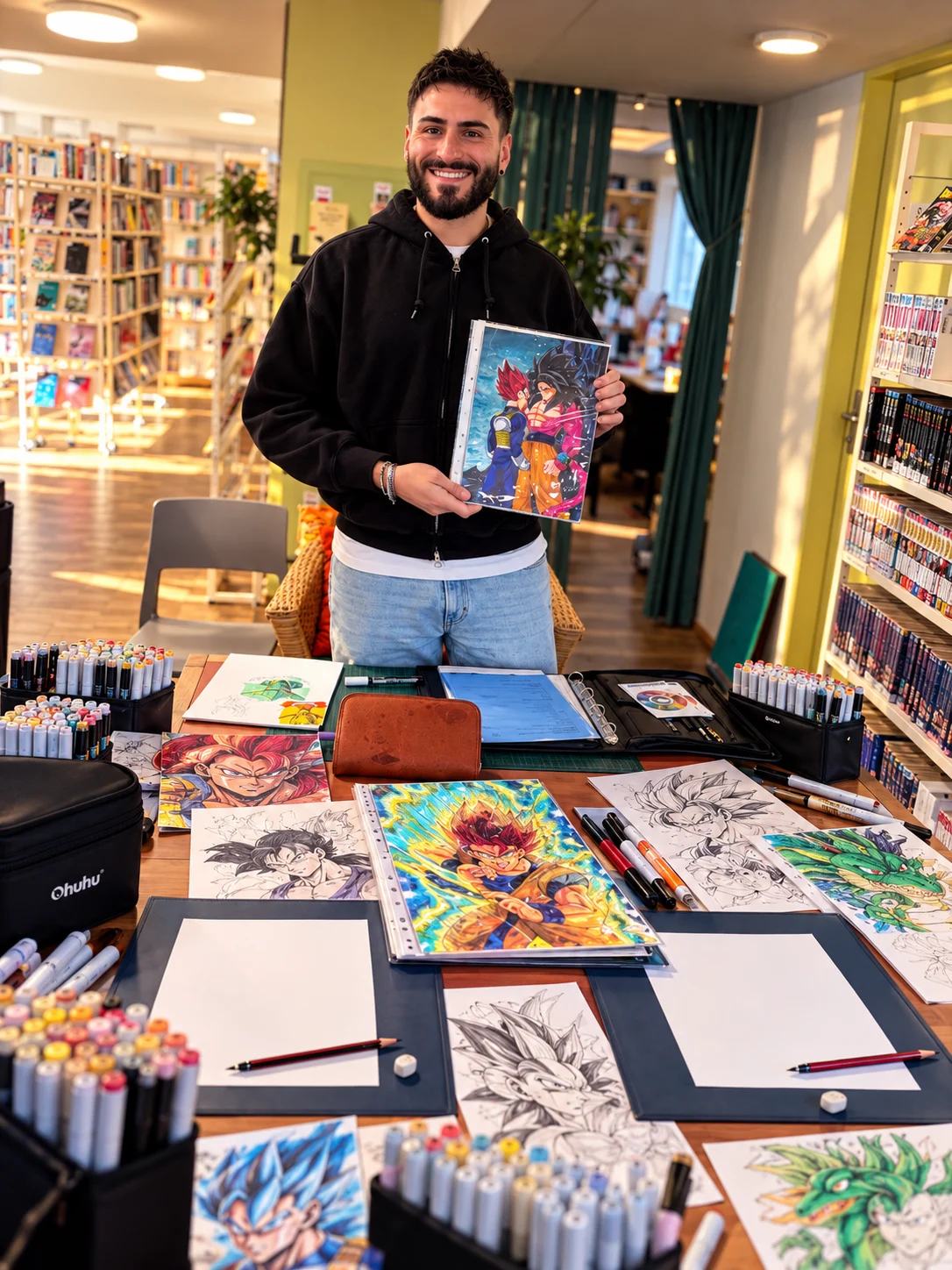 Liborio Vitali mit seinen Manga-Zeichnungen und Workshop-Material in einer Bibliothek
